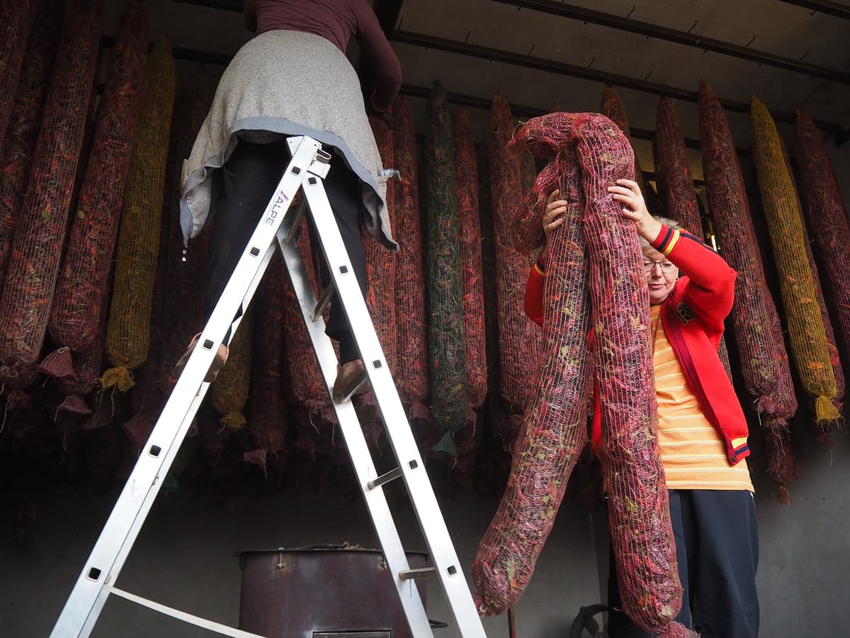 Pouring dried peppers into blue collection sacks.Hoisting heavy pepper bags to the ceiling.